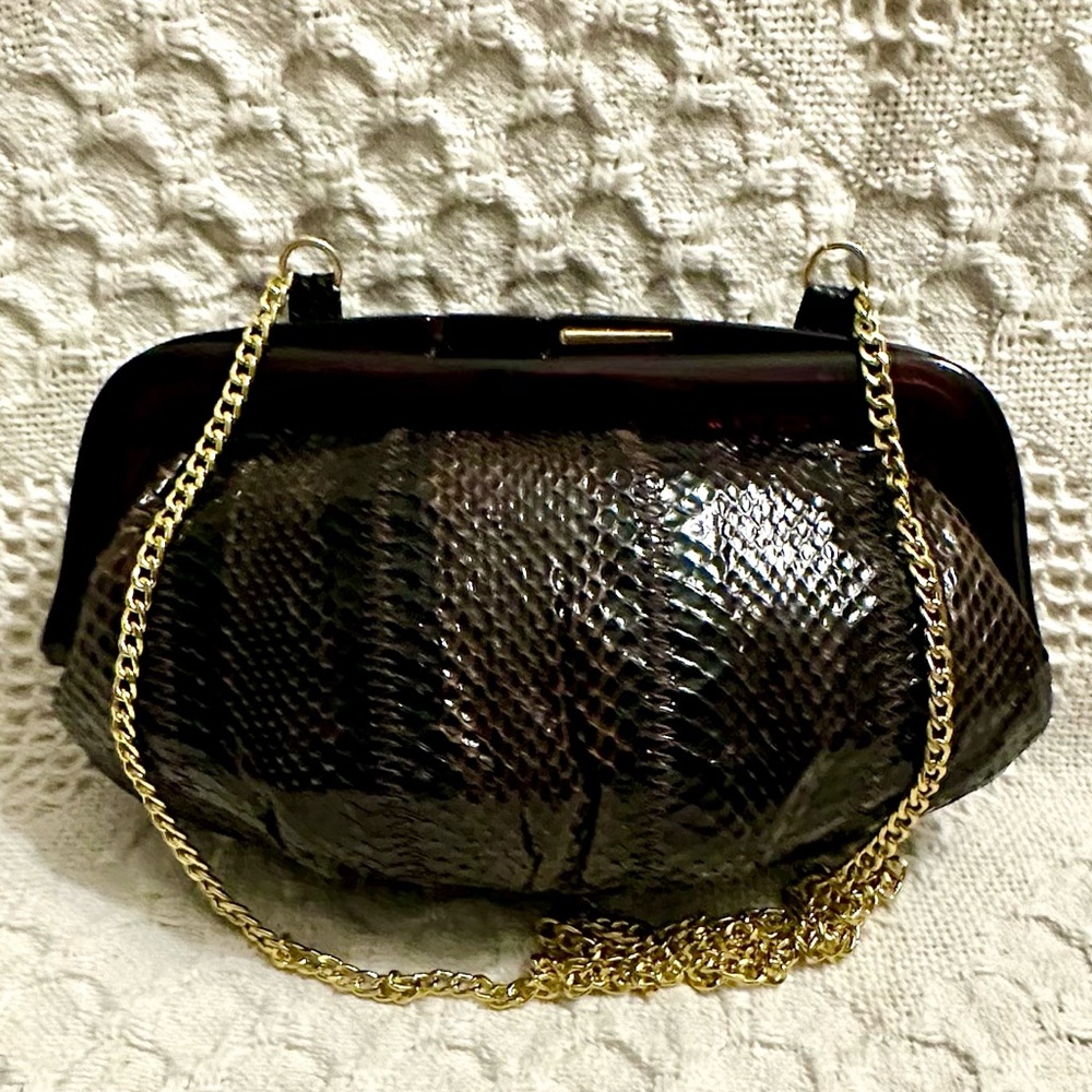 Vtg Snakeskin Leather Clutch/ Cross Body Bag Chocolate Brown Borsa Bella Italy - Picture 15 of 15
